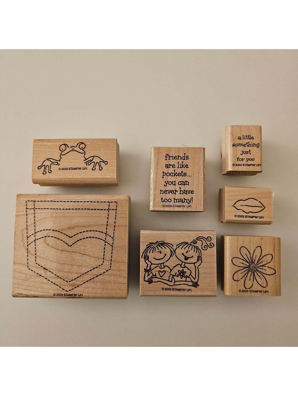 Stampin Up Pocket Fun Set Rubber Mounted on Wood Stamps Friends Girl Floral Frog